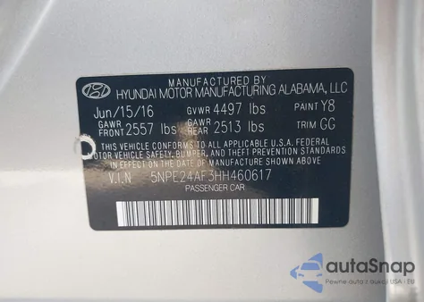 2017 Hyundai Sonata Se z USA, uszkodzony, nr VIN 5NPE24AF3HH460617